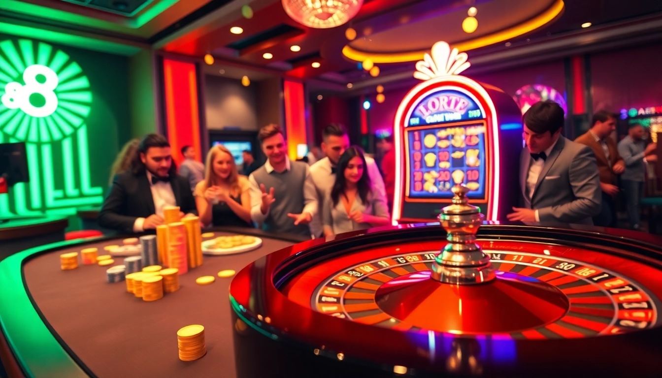 Players enjoying a thrilling roulette game at luck8 casino, celebrating big wins in a vibrant atmosphere.