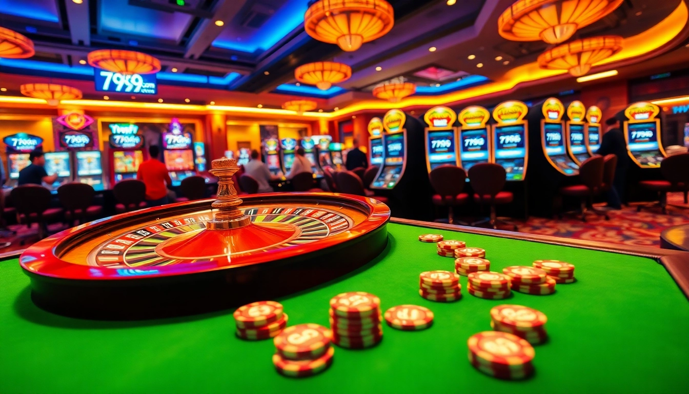 A lively casino scene featuring engaging roulette and slot machines at 789f com, showcasing the excitement of gambling.