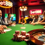 Players engaged in a high-stakes game, showcasing the excitement of bet888 in a luxurious poker setting.