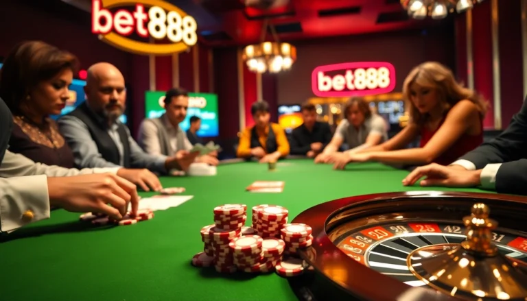 Players engaged in a high-stakes game, showcasing the excitement of bet888 in a luxurious poker setting.