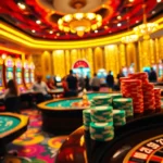 Experience the excitement of kp88 at a bustling casino with lively games, bright slot machines, and eager players seeking their next win.