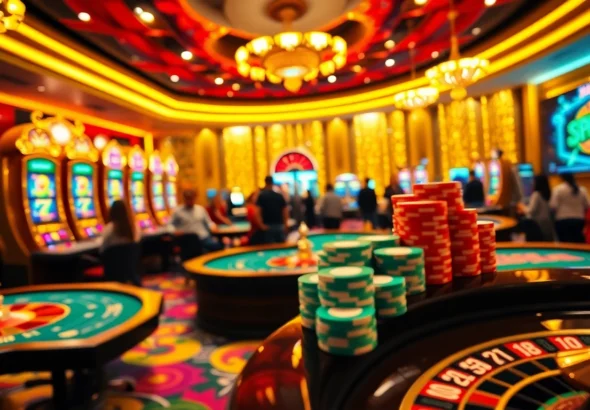 Experience the excitement of kp88 at a bustling casino with lively games, bright slot machines, and eager players seeking their next win.